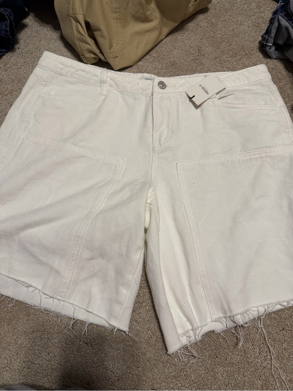 Forever 21 White Frayed Hem Denim Bermuda Shorts